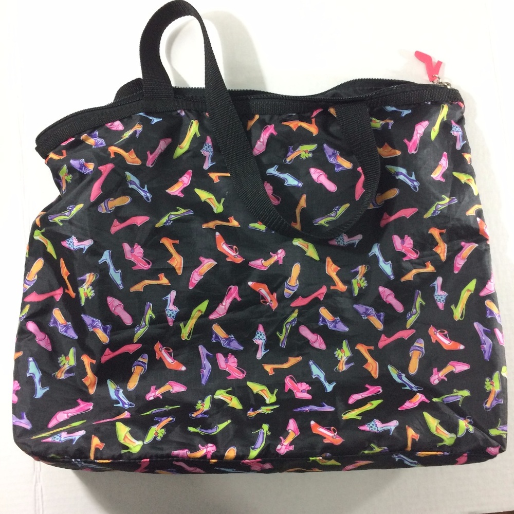 90s Black Large Zipper Soft Tote with Shoe Print - Picture 1 of 8